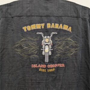 Tommy Bahama Silk Button Shirt Mens 2X Black ‎ Bike Island Chopper Embroidered